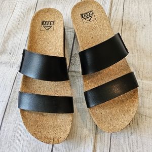 Reef Women’s •Size 11• Black Cushion Vista Hi Double Strap Cork Slides Comfy
